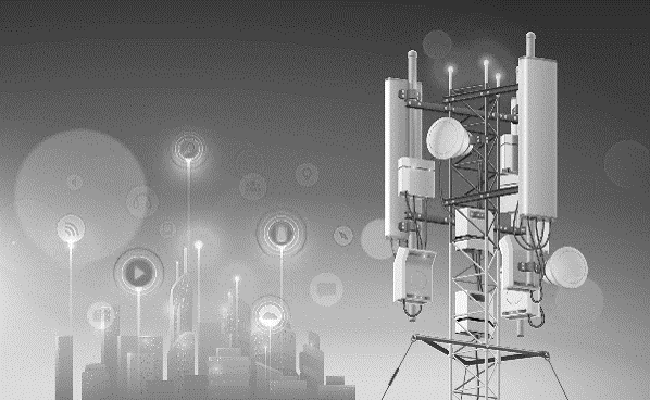 Stock image of a satellite in front of a connected city.