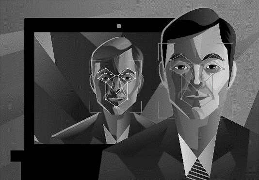 Stock image of a person in front of a television with an image of themself.