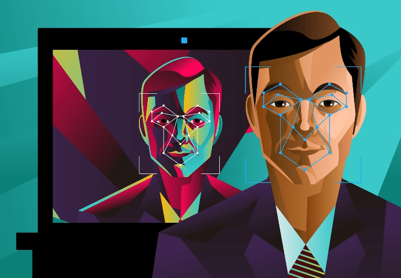 Stock image of a person in front of a television with an image of themself. There are marker points mapped onto his face.