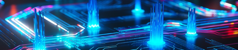 Image of the surface of an AI chip with multiple glowing spikes.