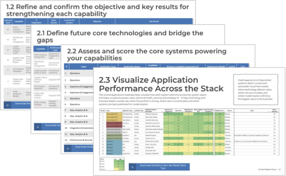 Info-Tech's Build a Next-Gen Retail Stack Tool example slides.