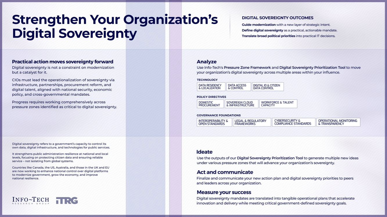 Strengthen Your Organization's Digital Sovereignty. Info-Tech’s practical action moves sovereignty forward. This guide's outcomes are to guide modernization, define digital sovereignty, and to translate broad political priorities.