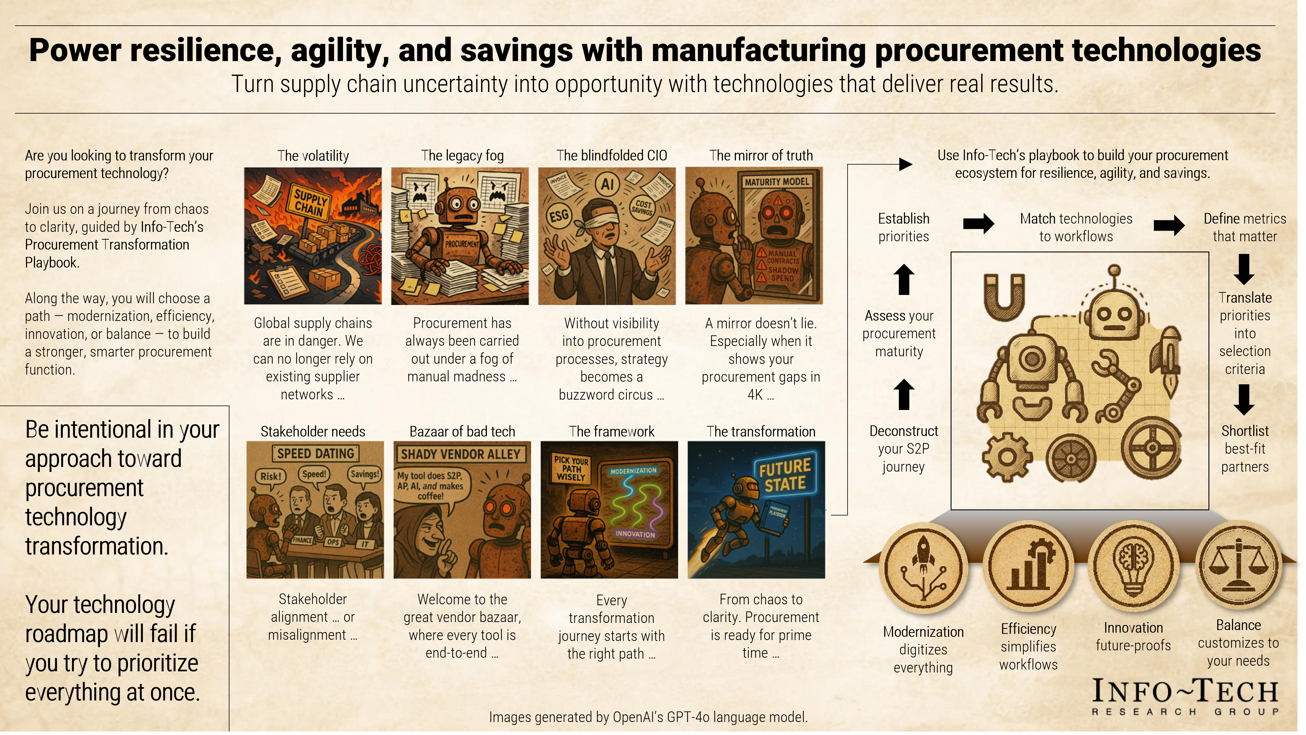 Infographic titled 'Power resilience, agility, and savings with manufacturing procurement technologies - Turn supply chain uncertainty into opportunity with technologies that deliver real results. Initial text reads 'Are you looking to transform your procurement technology? Join us on a journey from chaos to clarity, guided by Info-Tech’s Procurement Transformation Playbook. Along the way, you will choose a path — modernization, efficiency, innovation, or balance — to build a stronger, smarter procurement function.' Tips include 'Be intentional in your approach toward procurement technology transformation' and 'Your technology roadmap will fail if you try to prioritize everything at once'. A series of illustrations are labelled 'The volatility', 'The legacy fog', 'The blindfolded CIO', 'The mirror of truth', 'Stakeholder needs', 'Bazaar of bad tech', 'The framework', and 'The transformation' with explanations for each below. Images generated by OpenAI’s GPT-4o language model. On the far right side is 'Use Info-Tech’s playbook to build your procurement ecosystem for resilience, agility, and savings' with a diagram beneath of a method 'Deconstruct your S2P journey', 'Assess your procurement maturity', 'Establish priorities', 'Match technologies to workflows', 'Define metrics that matter', 'Translate priorities into selection criteria', and 'Shortlist best-fit partners'. Four icons below the diagram are 'Modernization digitizes everything', 'Efficiency simplifies workflows', 'Innovation future-proofs', and 'Balance customizes to your needs'.
