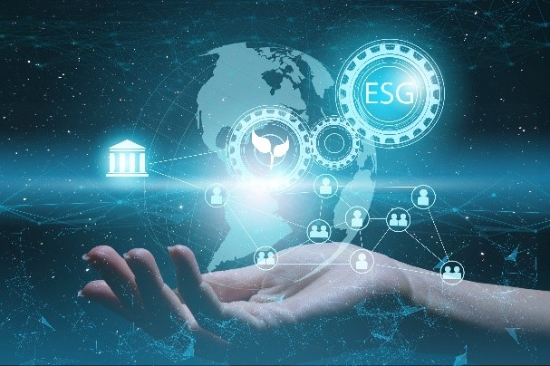 A hand holding a virtual globe with icons of people, leaves, and a government building, along with the acronym ESG.