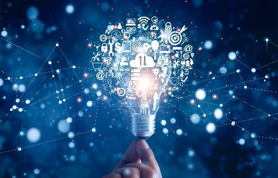 A lightbulb surrounded by icons representing aspects of digital transformation, such as the cloud, security, and mobile devices.
