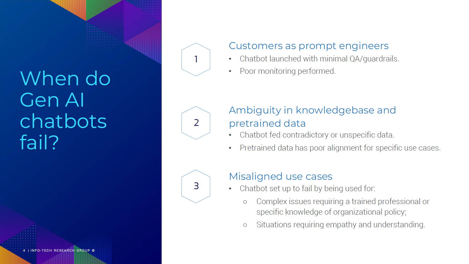A list of three situations in which Gen AI chatbots fail.