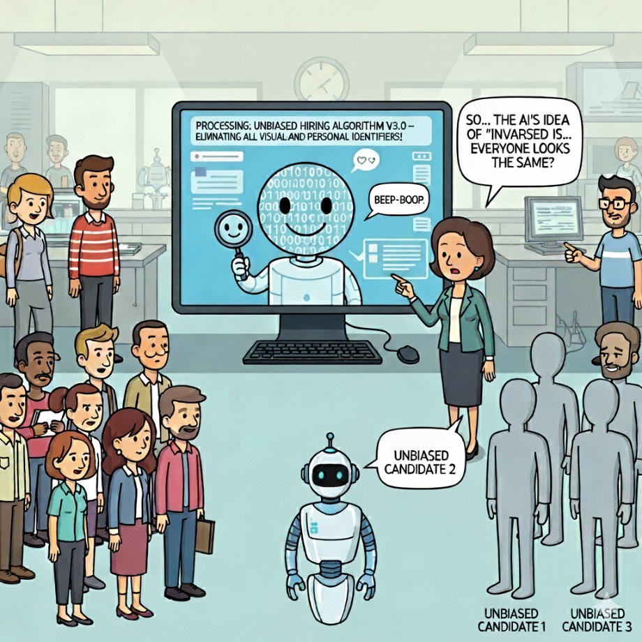 An AI-generated image showing how AI's version of 'unbiased hiring' involves making everyone look the same, grey and featureless.