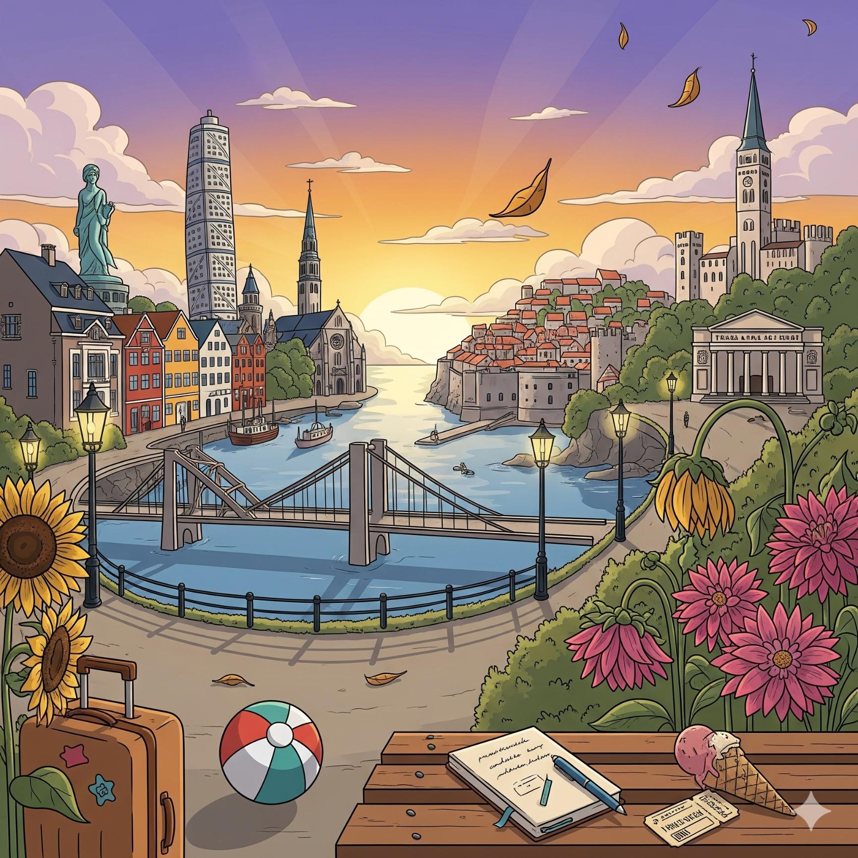 An AI-generated image showing both North American and European tourist attractions on either side of a small bay.