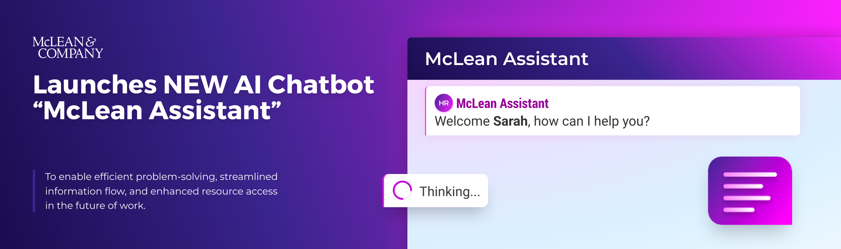 thumbnail for McLean & Company Announces Launch of New AI-Powered HR Assistant to Enable Enhanced Member Experience and Content Discovery
